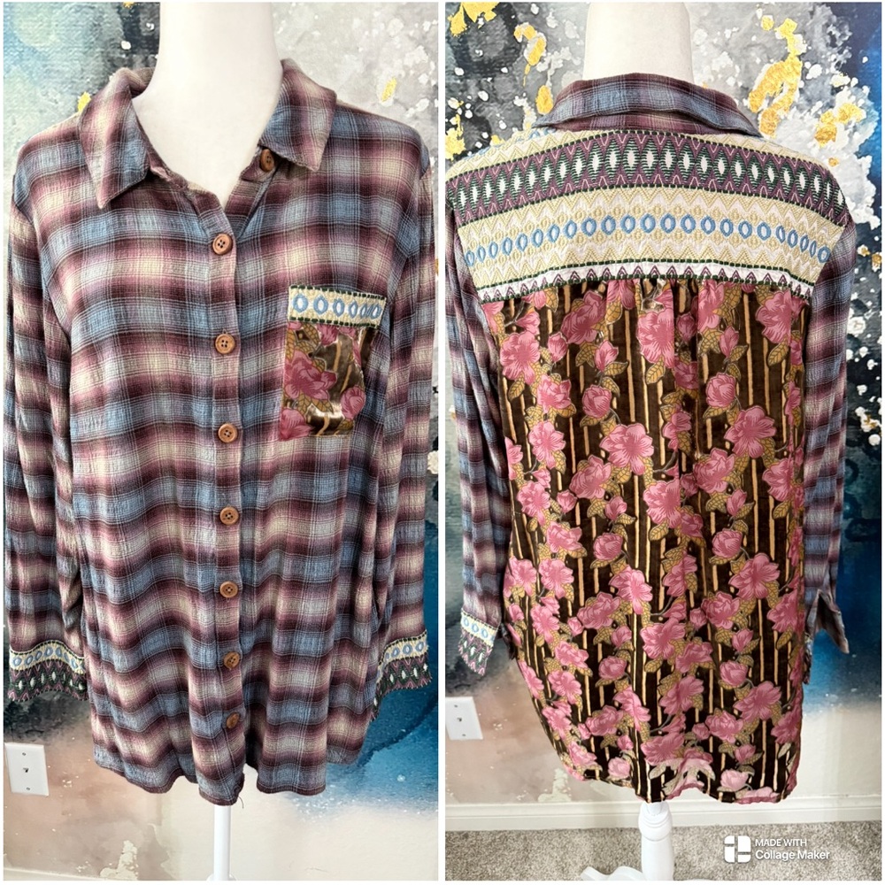 Soft Surroundings | Plaid Floral Contrast Button Up